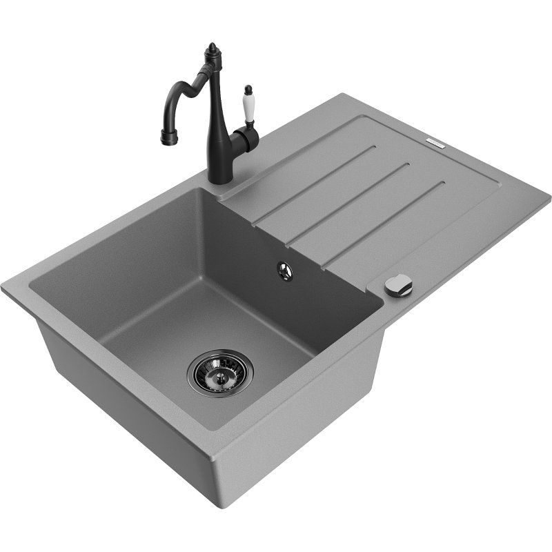 Mexen Bruno zlewozmywak granitowy 1-komorowy z ociekaczem i baterią kuchenną Carla, szary