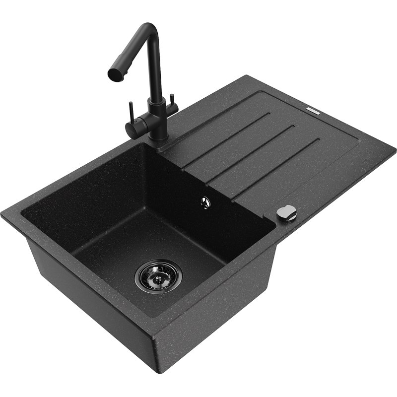 Mexen Bruno zlewozmywak granitowy 1-komorowy z ociekaczem i baterią kuchenną Duero, czarny/srebrny metalik