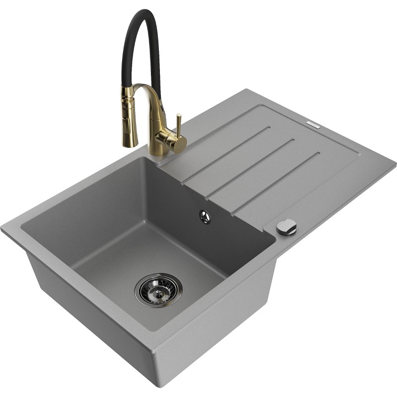 Mexen Bruno zlewozmywak granitowy 1-komorowy z ociekaczem i baterią kuchenną Aster, szary