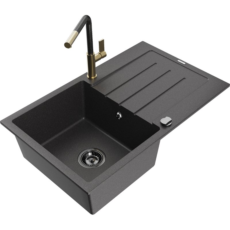 Mexen Bruno zlewozmywak granitowy 1-komorowy z ociekaczem i baterią kuchenną Flora, czarny nakrapiany