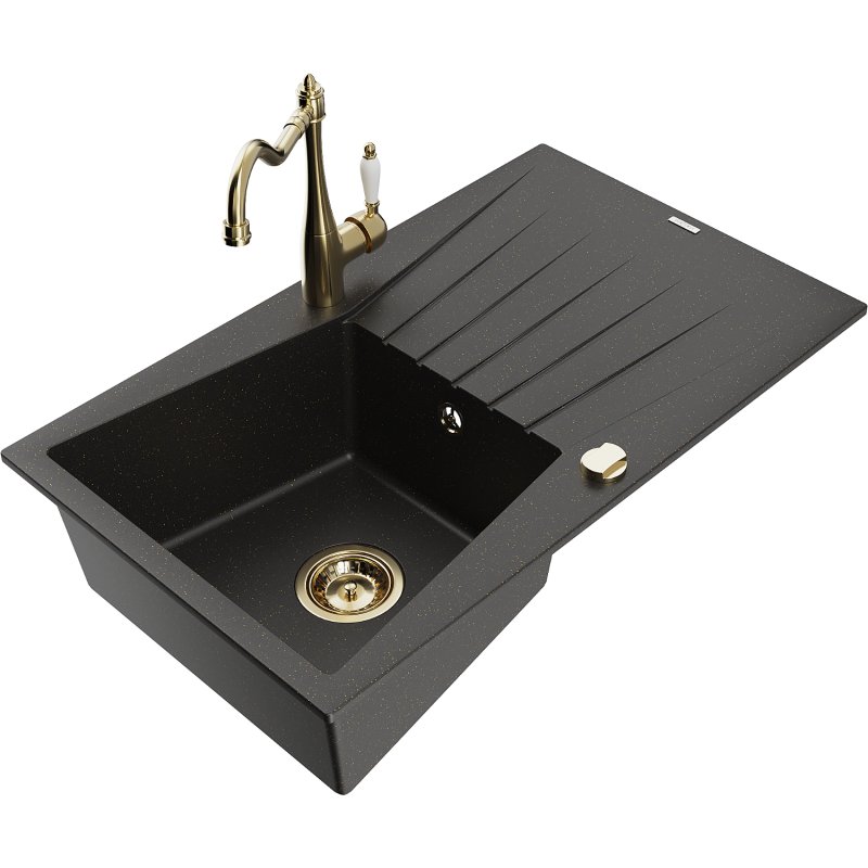 Mexen Cesar zlewozmywak granitowy 1-komorowy z ociekaczem i baterią kuchenną Carla, czarny/złoty metalik