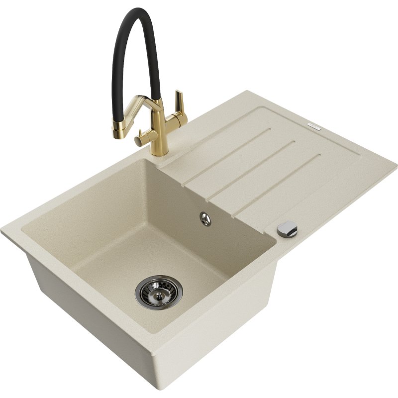 Mexen Bruno zlewozmywak granitowy 1-komorowy z ociekaczem i baterią kuchenną Duo, beżowy