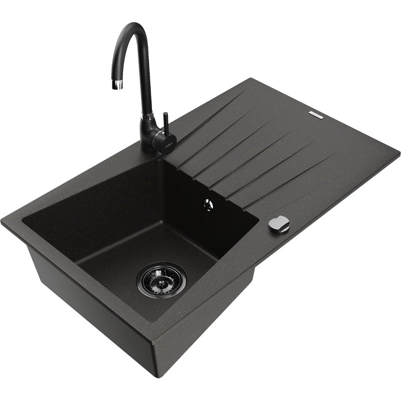 Mexen Cesar zlewozmywak granitowy 1-komorowy z ociekaczem i baterią kuchenną Telma, czarny/złoty