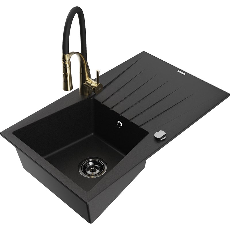 Mexen Cesar zlewozmywak granitowy 1-komorowy z ociekaczem i baterią kuchenną Aster, czarny