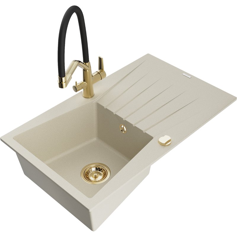 Mexen Cesar zlewozmywak granitowy 1-komorowy z ociekaczem i baterią kuchenną Duo, beżowy