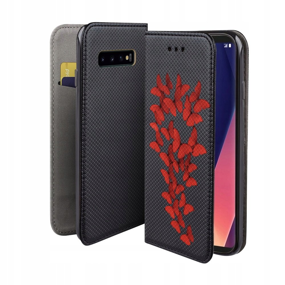 ETUI Z KLAPKĄ DO SAMSUNG GALAXY S10 PLUS WZÓR CZERWONE MOTYLE KABURA