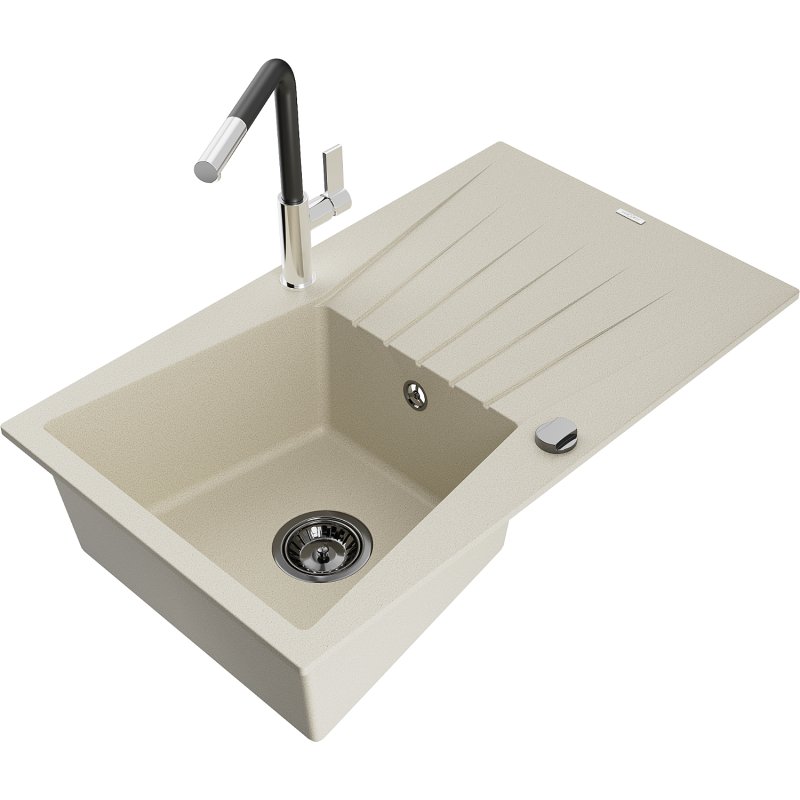 Mexen Cesar zlewozmywak granitowy 1-komorowy z ociekaczem i baterią kuchenną Flora, beżowy