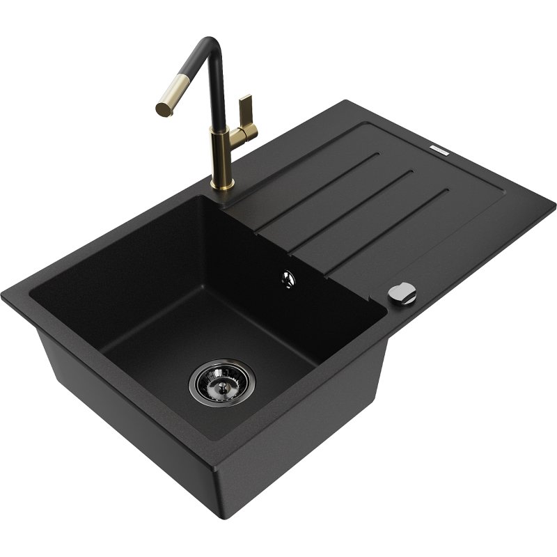 Mexen Bruno zlewozmywak granitowy 1-komorowy z ociekaczem i baterią kuchenną Flora, czarny