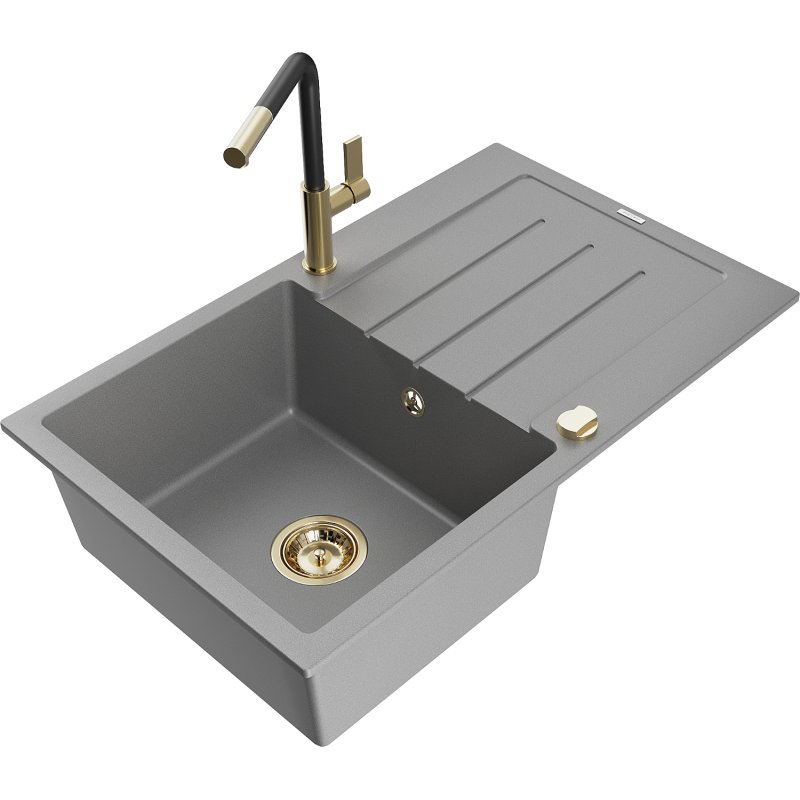 Mexen Bruno zlewozmywak granitowy 1-komorowy z ociekaczem i baterią kuchenną Flora, szary