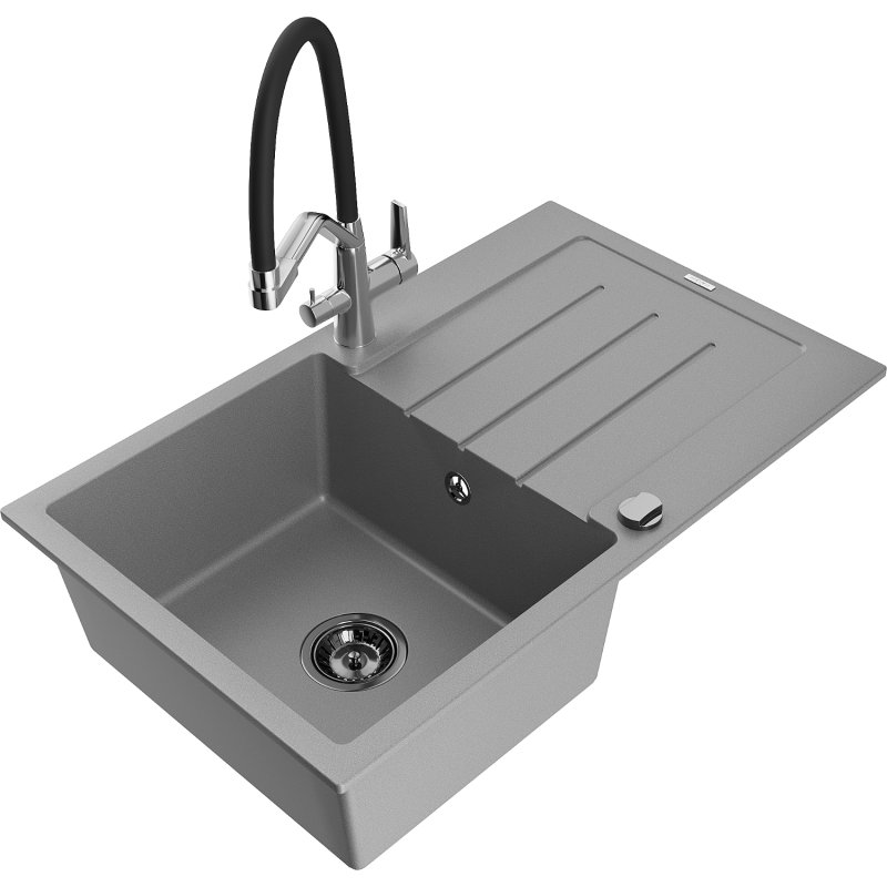 Mexen Bruno zlewozmywak granitowy 1-komorowy z ociekaczem i baterią kuchenną Duo, szary