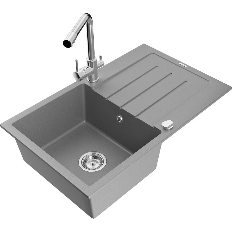 Mexen Bruno zlewozmywak granitowy 1-komorowy z ociekaczem i baterią kuchenną Duero, szary