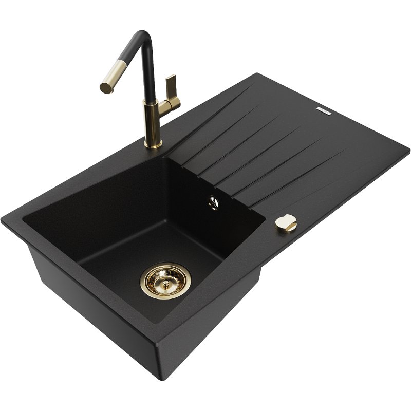 Mexen Cesar zlewozmywak granitowy 1-komorowy z ociekaczem i baterią kuchenną Flora, czarny