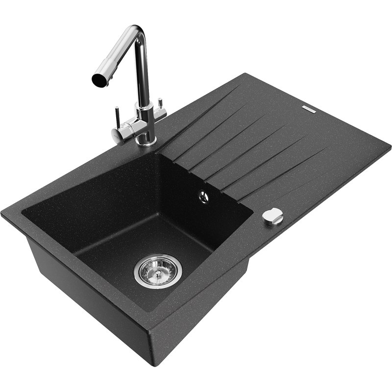 Mexen Cesar zlewozmywak granitowy 1-komorowy z ociekaczem i baterią kuchenną Duero, czarny/srebrny metalik
