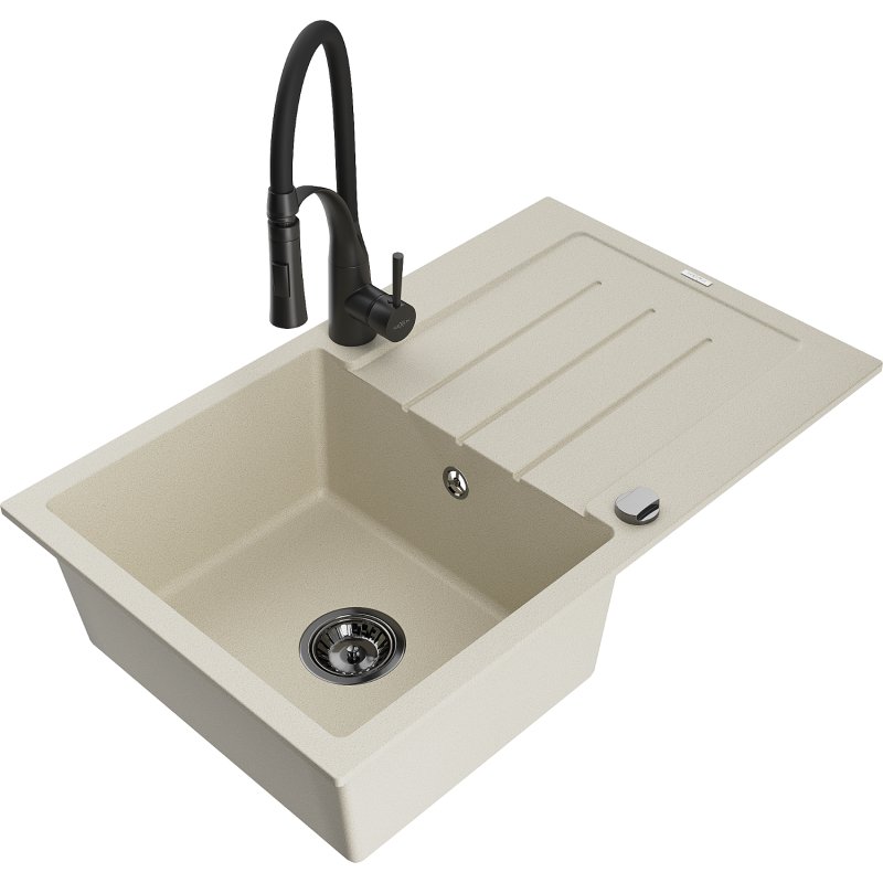 Mexen Bruno zlewozmywak granitowy 1-komorowy z ociekaczem i baterią kuchenną Aster, beżowy