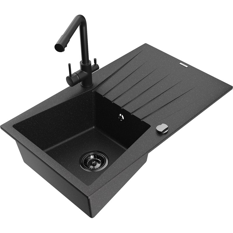 Mexen Cesar zlewozmywak granitowy 1-komorowy z ociekaczem i baterią kuchenną Duero, czarny/srebrny metalik