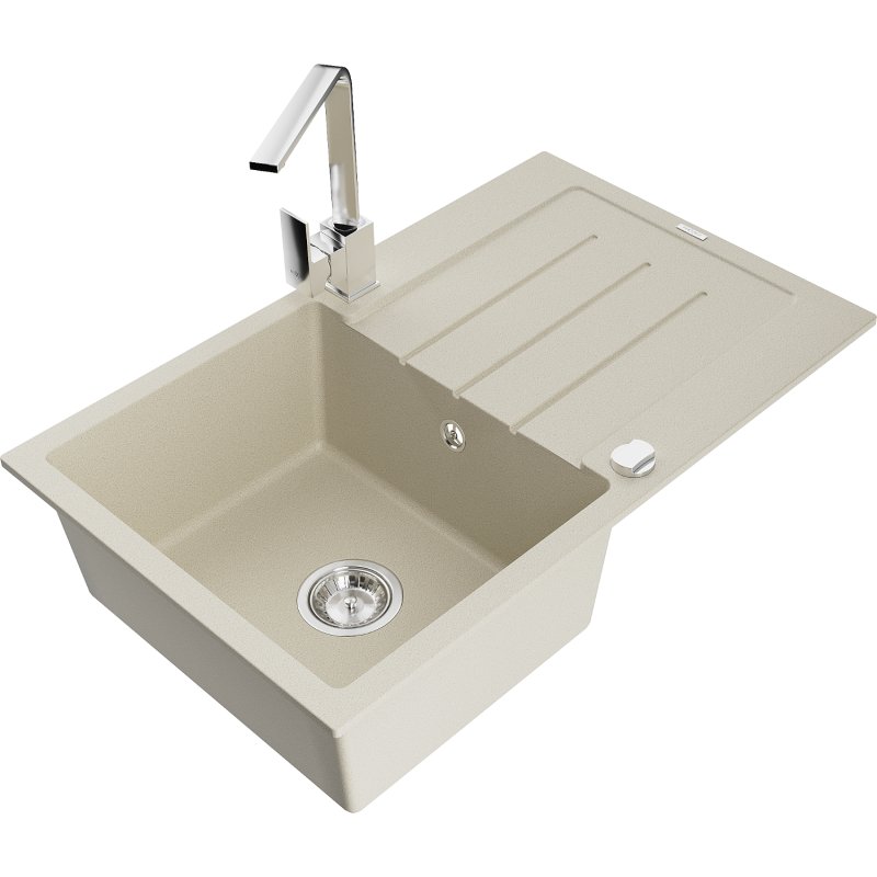 Mexen Bruno zlewozmywak granitowy 1-komorowy z ociekaczem i baterią kuchenną Rita, beżowy
