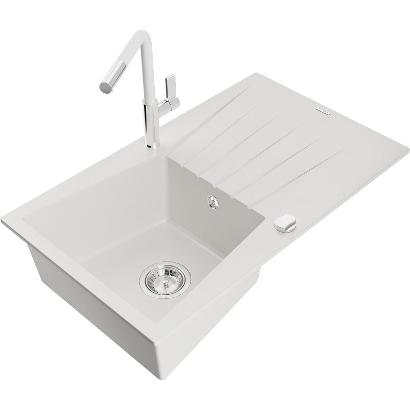 Mexen Cesar zlewozmywak granitowy 1-komorowy z ociekaczem i baterią kuchenną Flora, biały