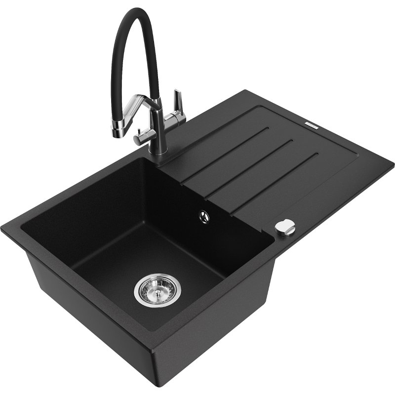 Mexen Bruno zlewozmywak granitowy 1-komorowy z ociekaczem i baterią kuchenną Duo, czarny