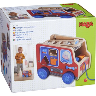 Haba 304317 - figurka pociągająca samochód strażacki, zabawka ciągnąca dla dzieci od 12 miesięcy, zachęca do nauki chodzenia, z klockami do wtykania