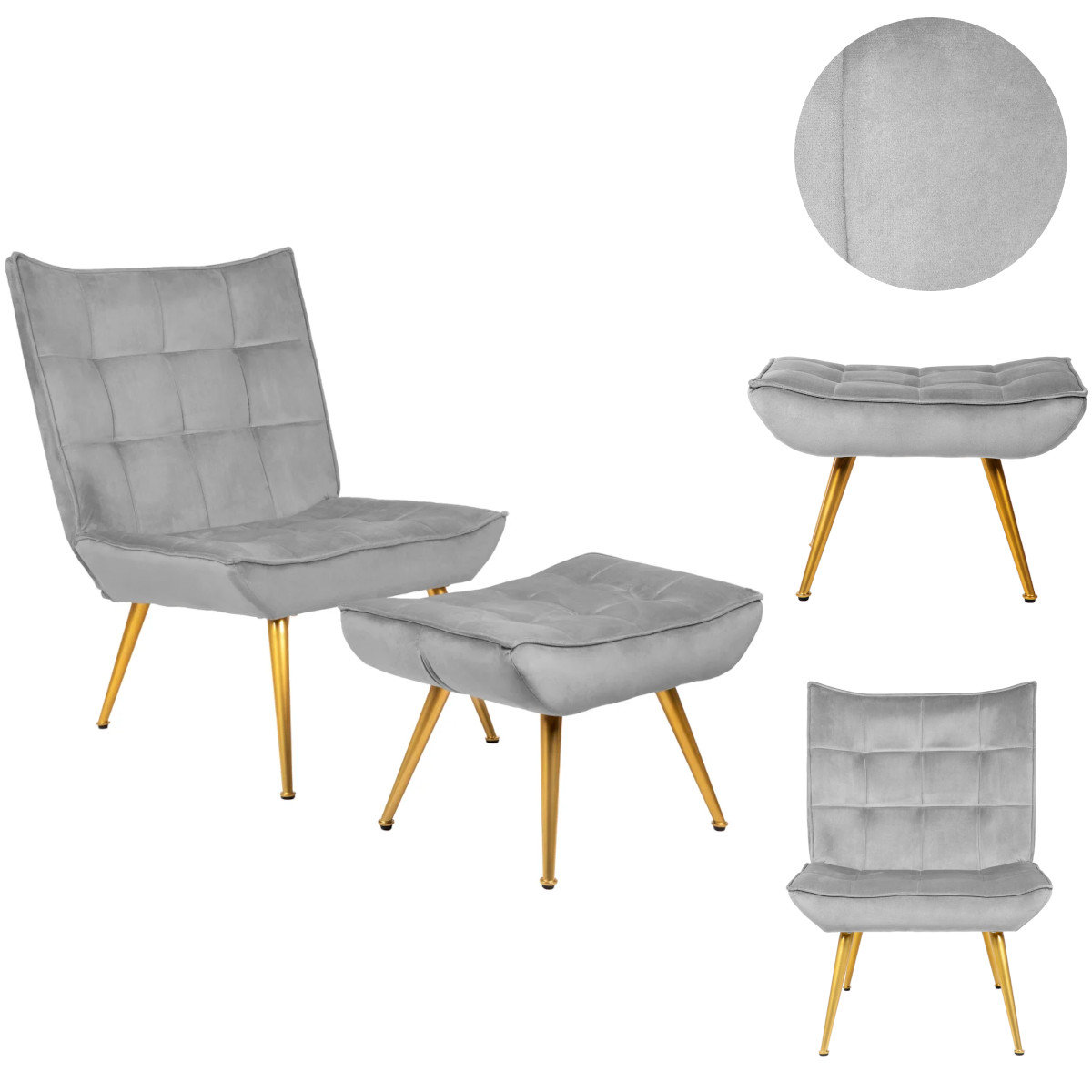 Stylowy fotel VINNIS z podnóżkiem szary 96x69x82 cm z przeszyciami