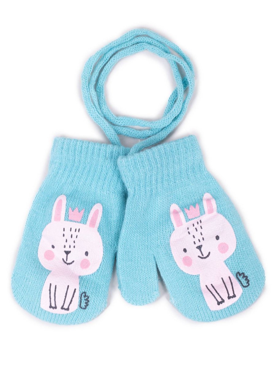 Rękawiczki dziewczęce jednopalczaste ze sznurkiem miętowe króliczek w koronie 12 cm YOCLUB
