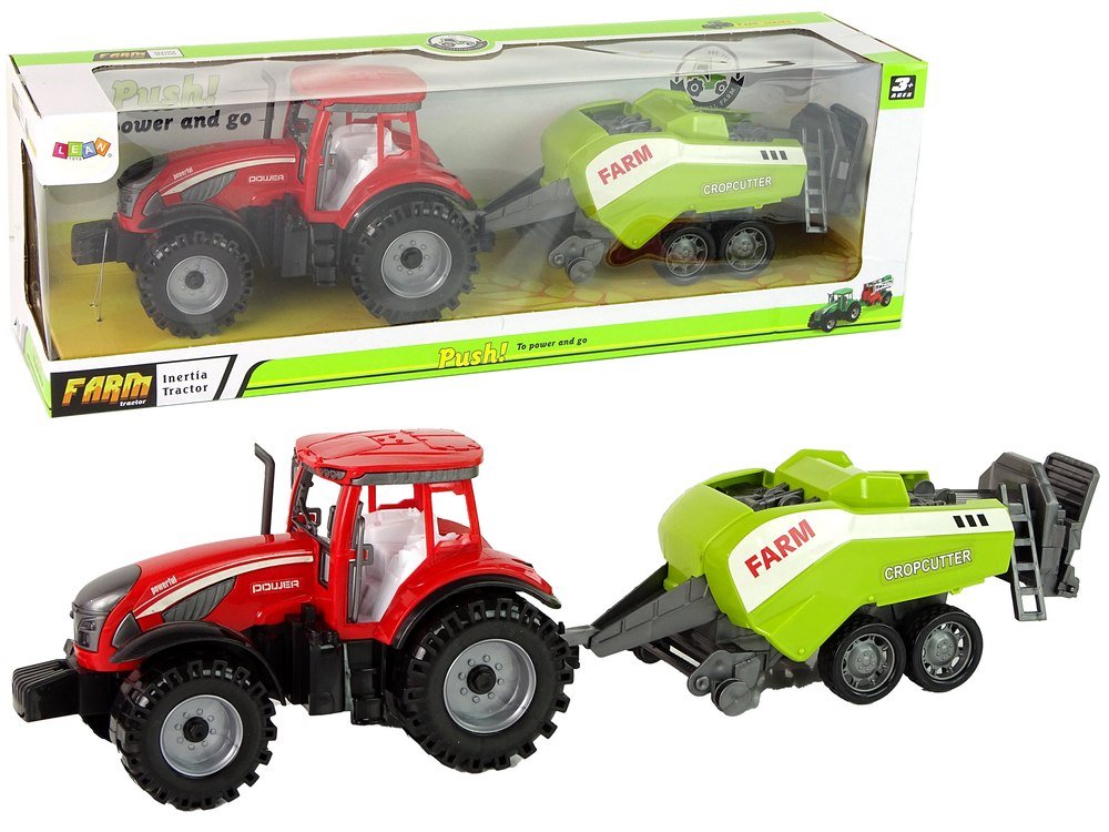Czerwony Ciągnik Rolniczy z Zielonym Siewnikiem Napęd Frykcyjny Import LEANToys