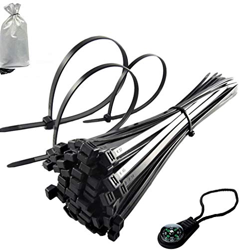 Czarne opaski kablowe - samoblokujące się opaski błyskawiczne, porządkowanie kabli, wytrzymałe, garaż, warsztat, torba do noszenia i kompas smyczy 250 mm x 4,8 mm (1 opakowanie 100 szt.)