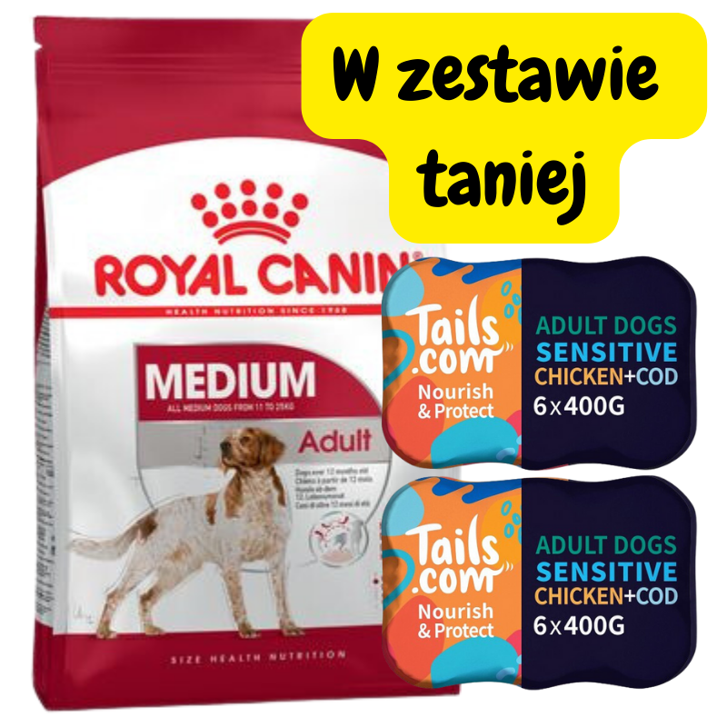 ROYAL CANIN Medium Adult 15kg + Tails.com Grain Free Adult 65% mięsa 12x400g
