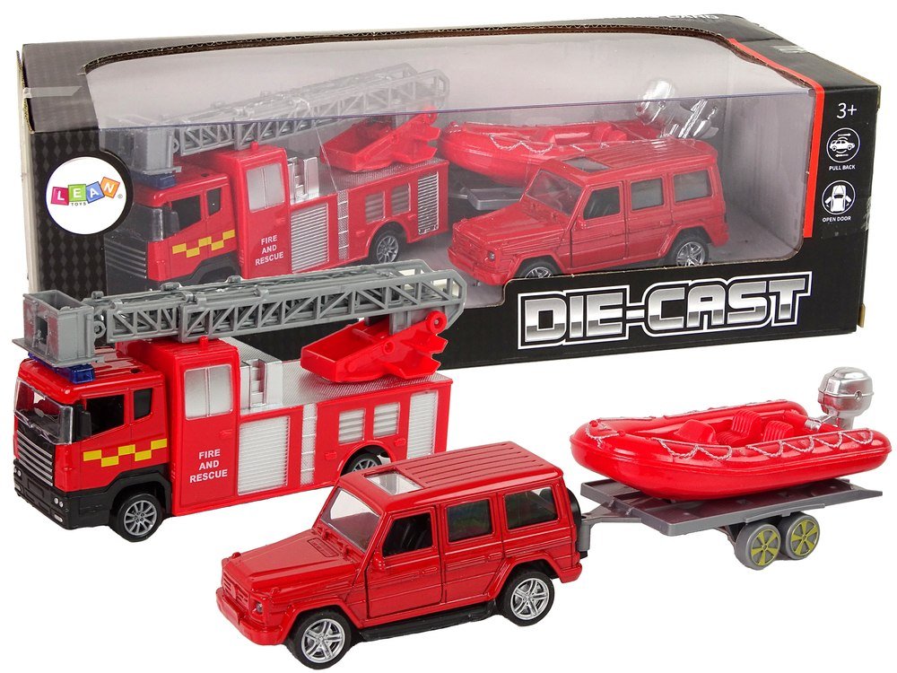 Zestaw Pojazdów Straż Pożarna Naciąg Motorówka Jeep Czerwony Import LEANToys