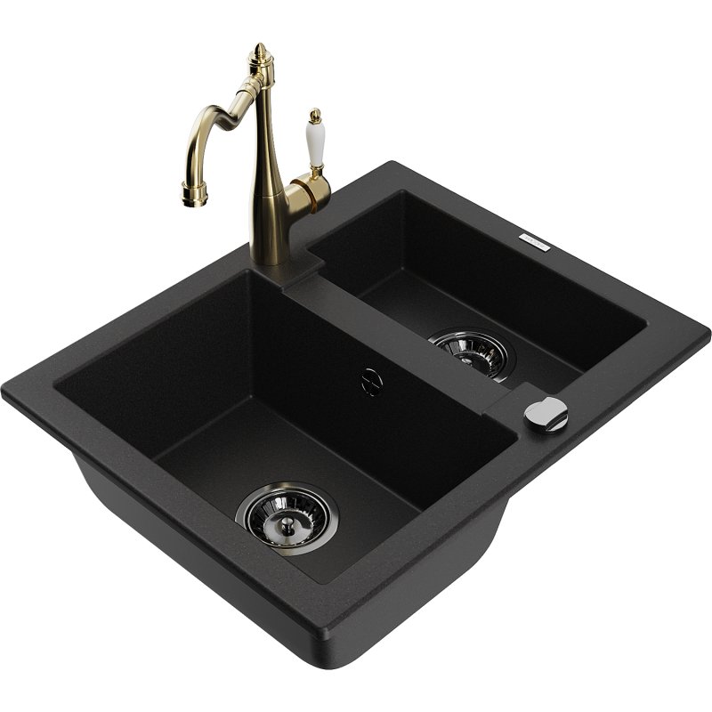 Mexen Carlos zlewozmywak granitowy 1,5-komorowy z baterią kuchenną Carla, czarny