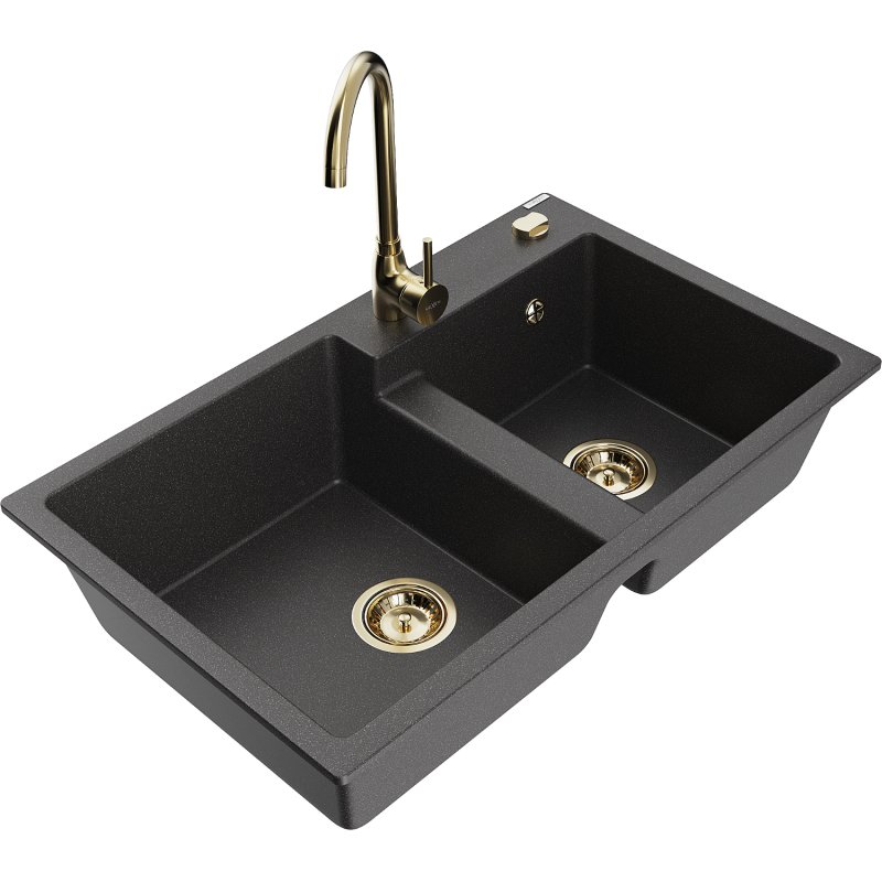 Mexen Tomas zlewozmywak granitowy 2-komorowy z baterią kuchenną Telma, czarny nakrapiany