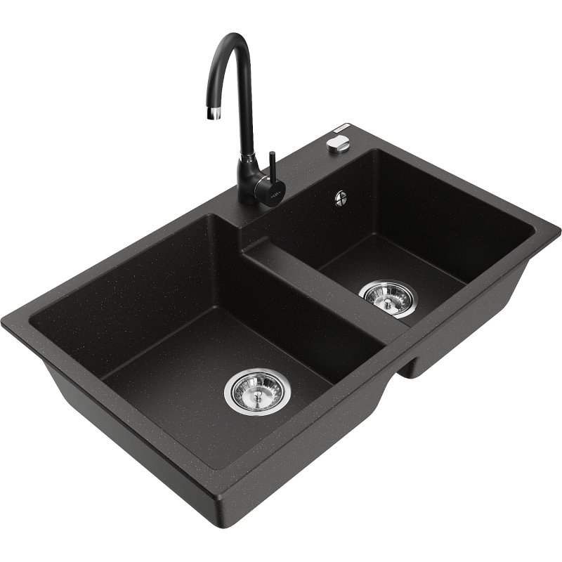 Mexen Tomas zlewozmywak granitowy 2-komorowy z baterią kuchenną Telma, czarny/złoty metalik