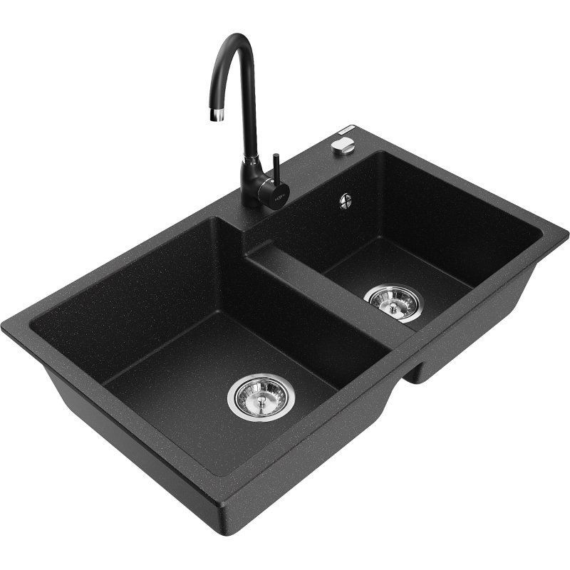 Mexen Tomas zlewozmywak granitowy 2-komorowy z baterią kuchenną Telma, czarny/srebrny metalik