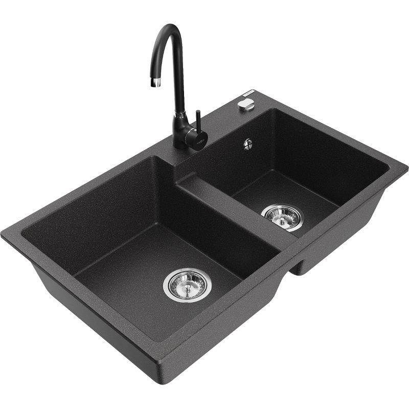 Mexen Tomas zlewozmywak granitowy 2-komorowy z baterią kuchenną Telma, czarny nakrapiany