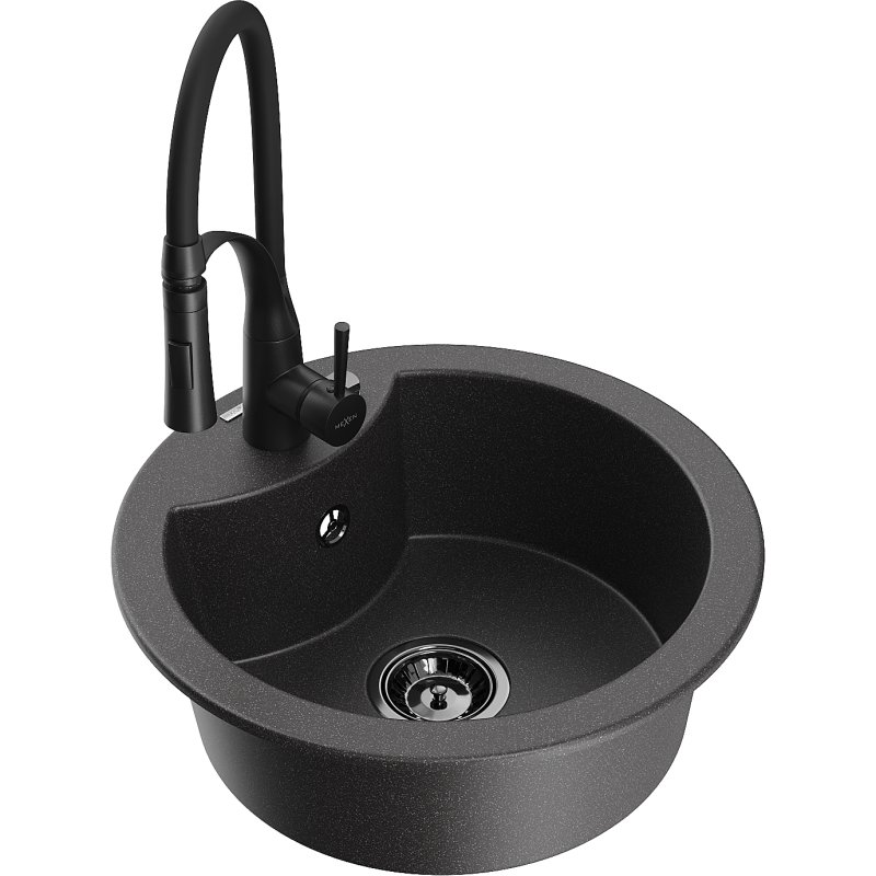 Mexen Diego zlewozmywak granitowy 1-komorowy z baterią kuchenną Aster, czarny nakrapiany