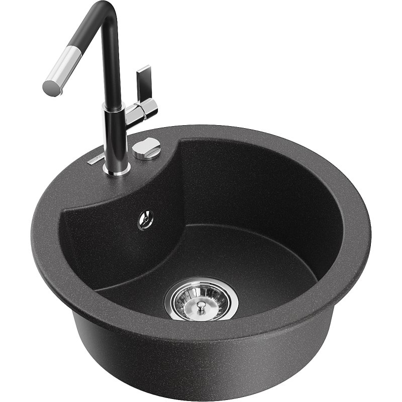 Mexen Diego zlewozmywak granitowy 1-komorowy z baterią kuchenną Flora, czarny nakrapiany