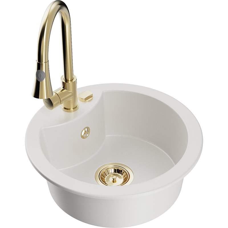 Mexen Diego zlewozmywak granitowy 1-komorowy z baterią kuchenną Elia, biały