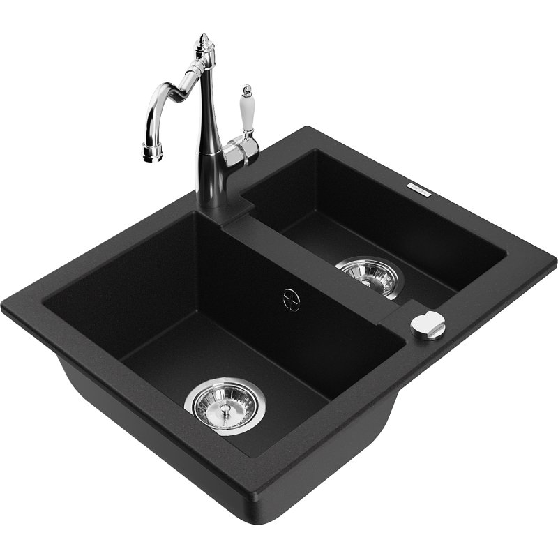 Mexen Carlos zlewozmywak granitowy 1,5-komorowy z baterią kuchenną Carla, czarny