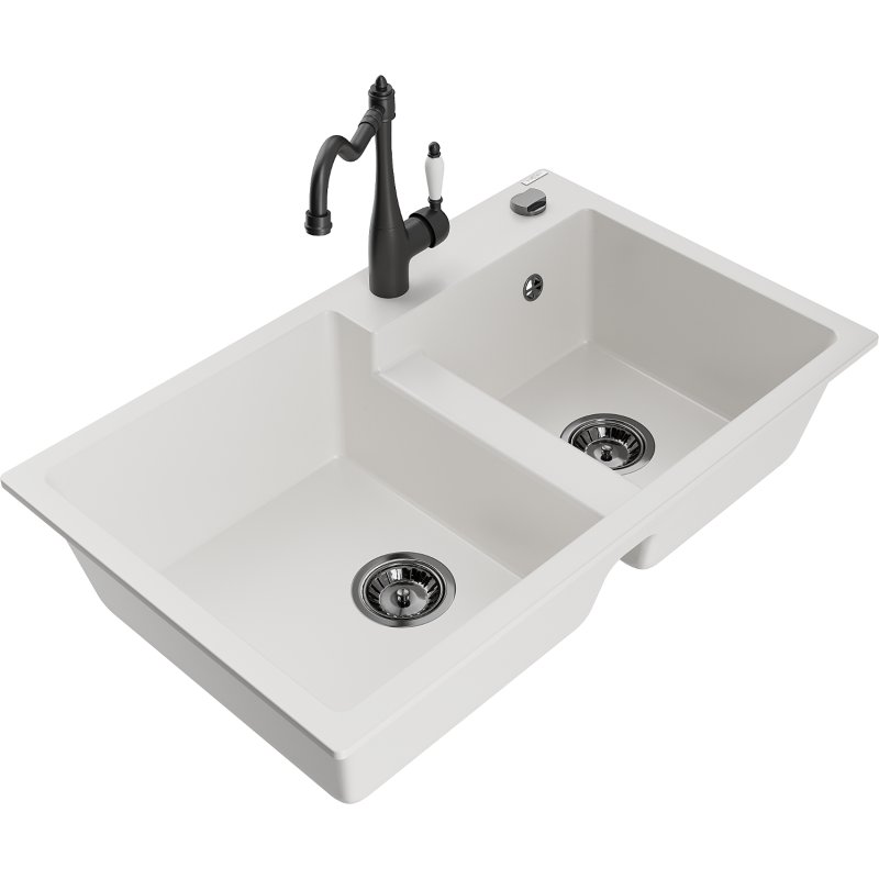 Mexen Tomas zlewozmywak granitowy 2-komorowy z baterią kuchenną Carla, biały