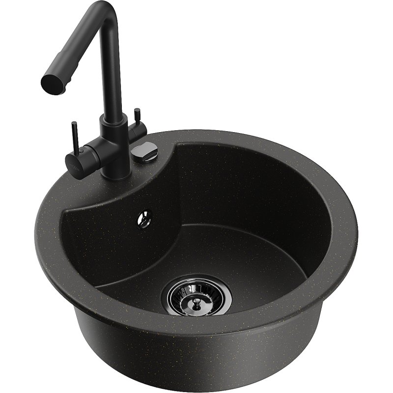 Mexen Diego zlewozmywak granitowy 1-komorowy z baterią kuchenną Duero, czarny/złoty metalik