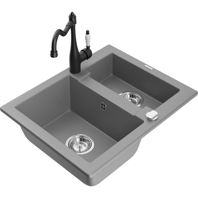 Mexen Carlos zlewozmywak granitowy 1,5-komorowy z baterią kuchenną Carla, szary