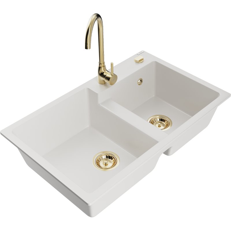 Mexen Tomas zlewozmywak granitowy 2-komorowy z baterią kuchenną Telma, biały