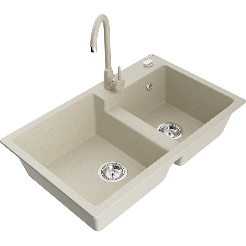 Mexen Tomas zlewozmywak granitowy 2-komorowy z baterią kuchenną Telma, beżowy