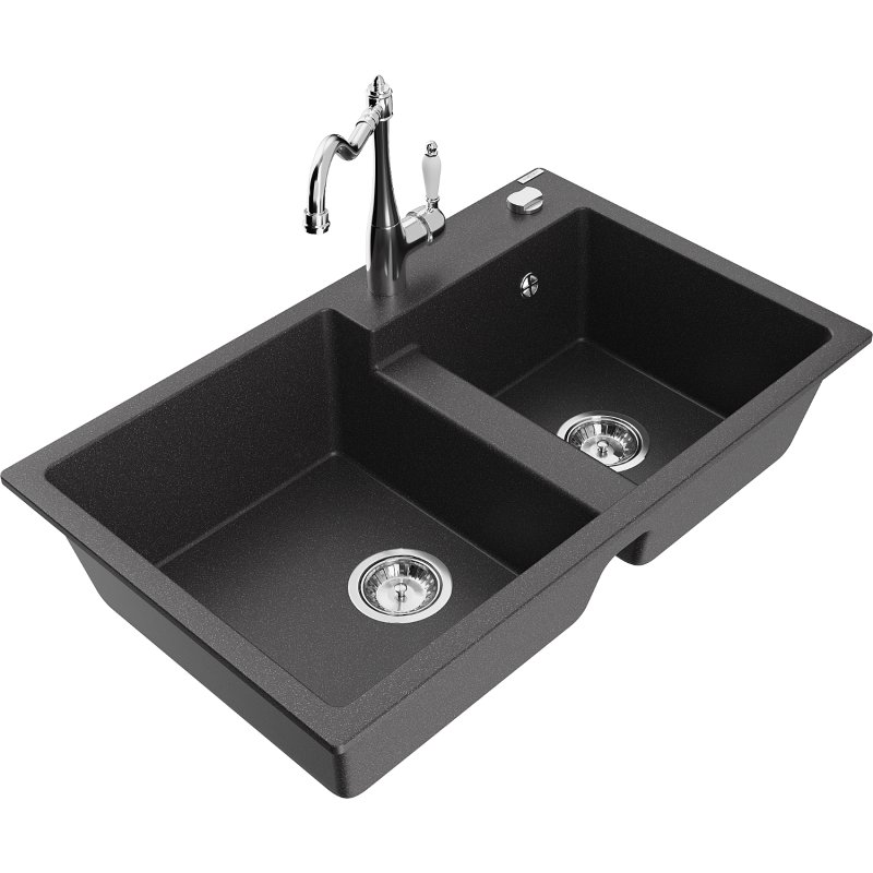 Mexen Tomas zlewozmywak granitowy 2-komorowy z baterią kuchenną Carla, czarny nakrapiany
