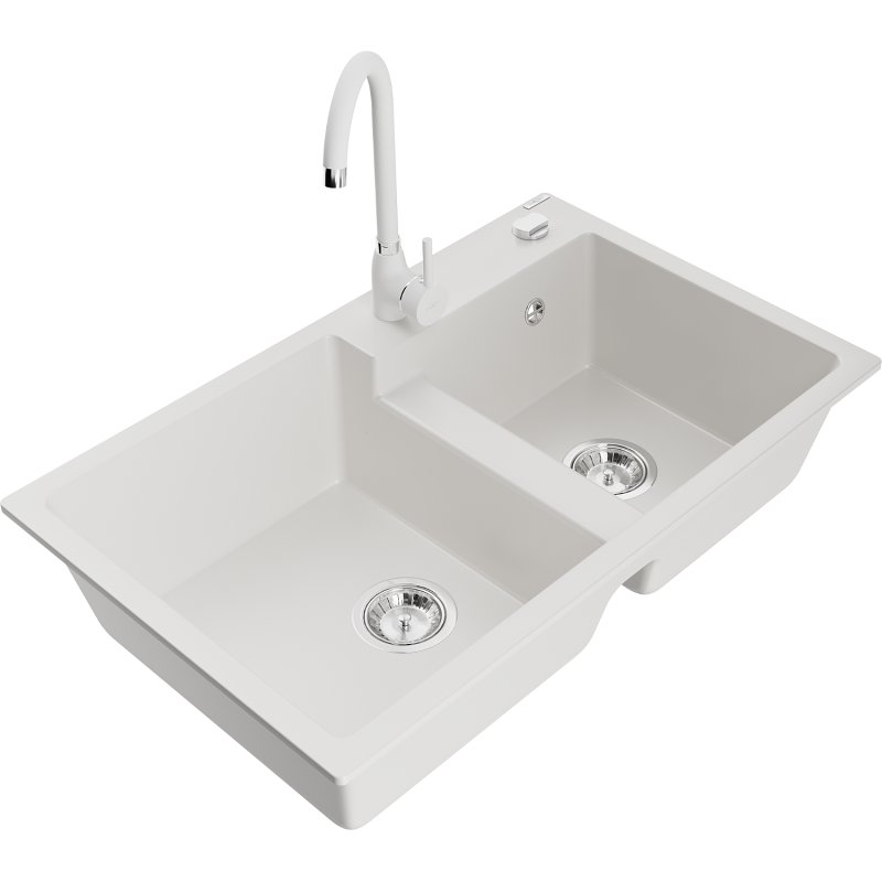 Mexen Tomas zlewozmywak granitowy 2-komorowy z baterią kuchenną Telma, biały