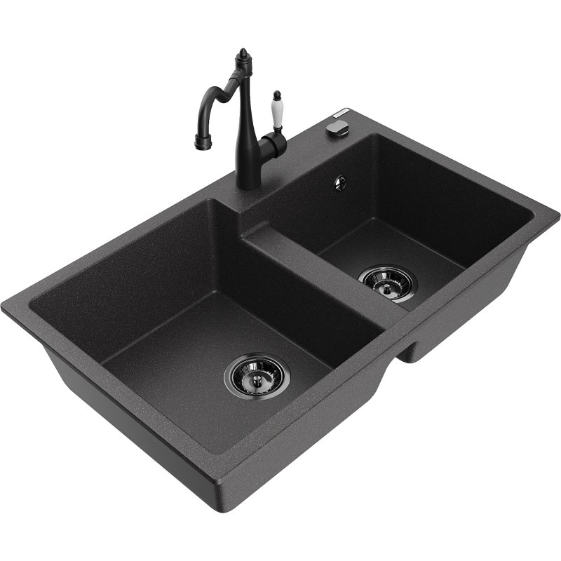 Mexen Tomas zlewozmywak granitowy 2-komorowy z baterią kuchenną Carla, czarny nakrapiany