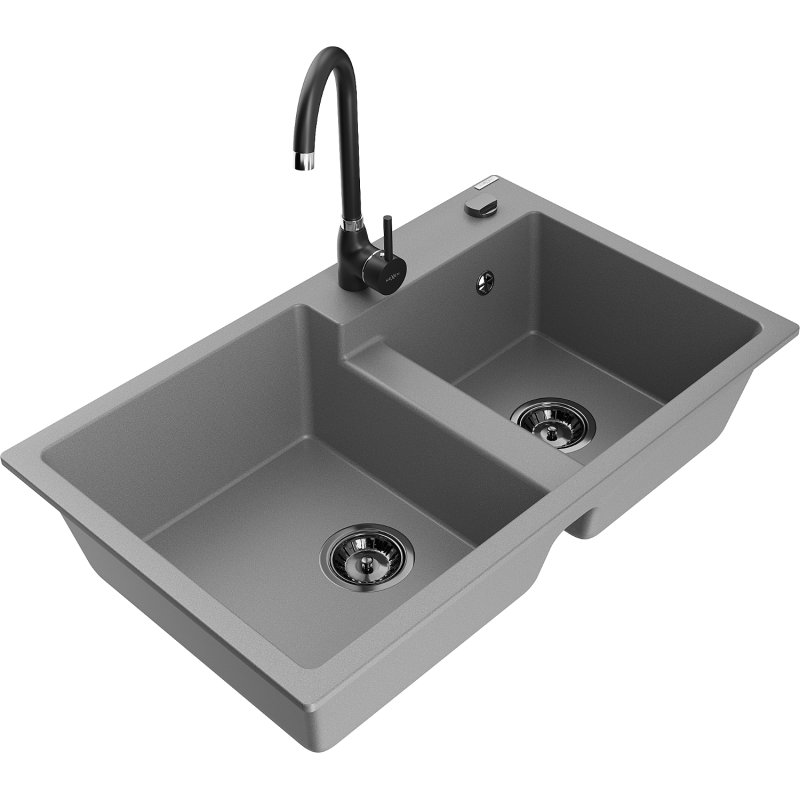 Mexen Tomas zlewozmywak granitowy 2-komorowy z baterią kuchenną Telma, szary
