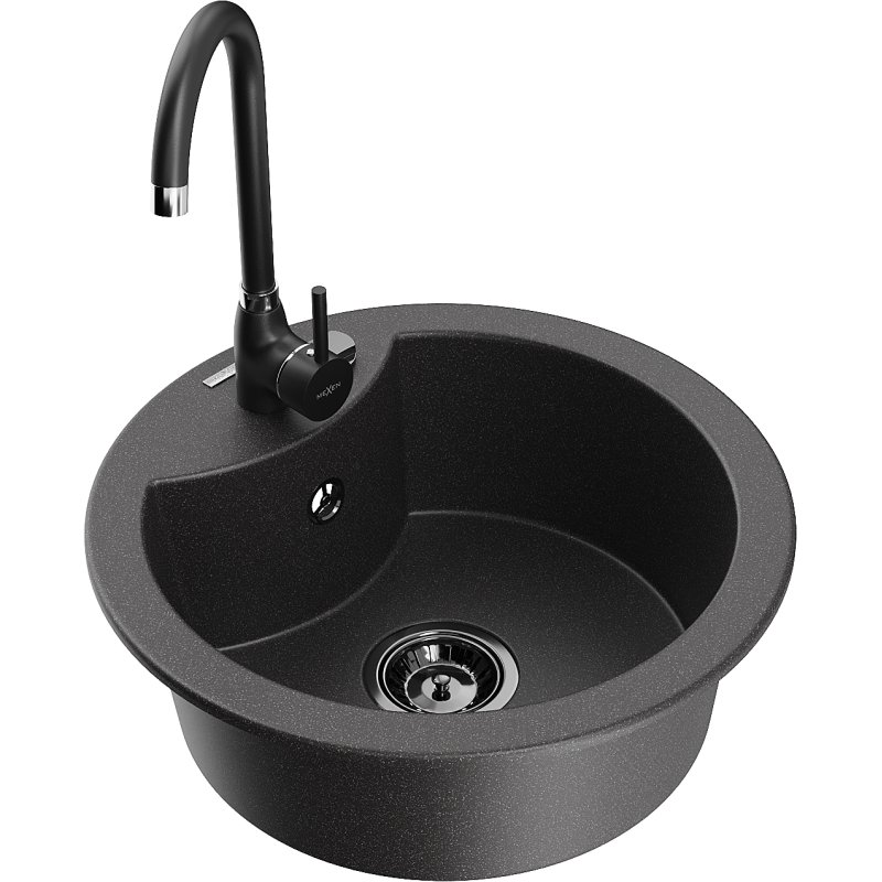 Mexen Diego zlewozmywak granitowy 1-komorowy z baterią kuchenną Telma, czarny nakrapiany