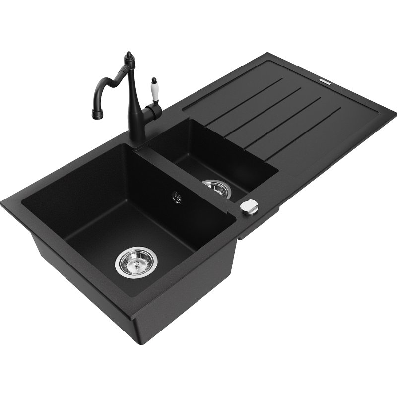 Mexen Andres zlewozmywak granitowy 1,5-komorowy z ociekaczem i baterią kuchenną Carla, czarny