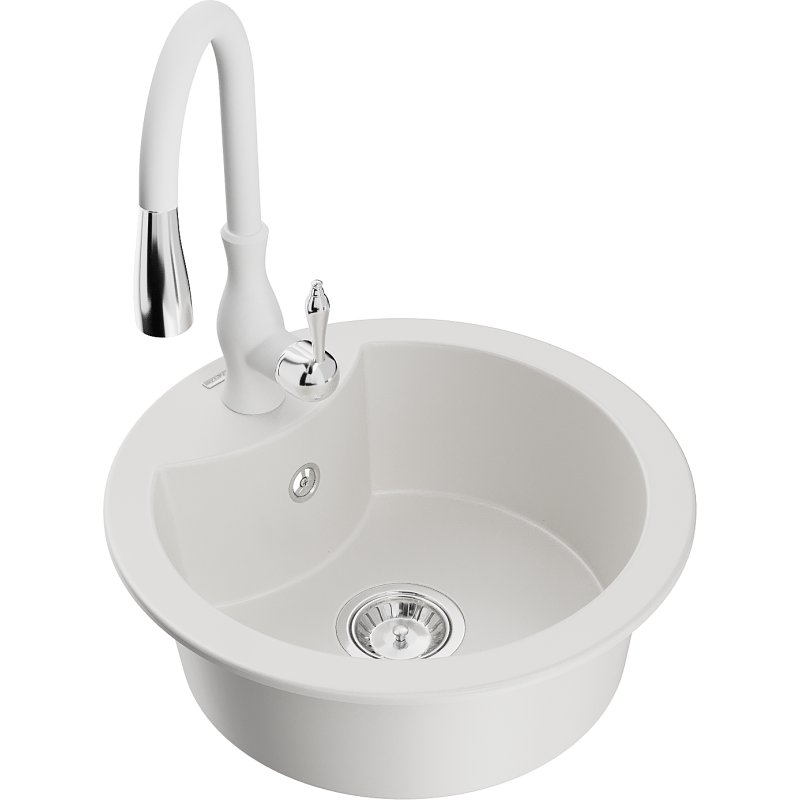 Mexen Diego zlewozmywak granitowy 1-komorowy z baterią kuchenną Savita, biały